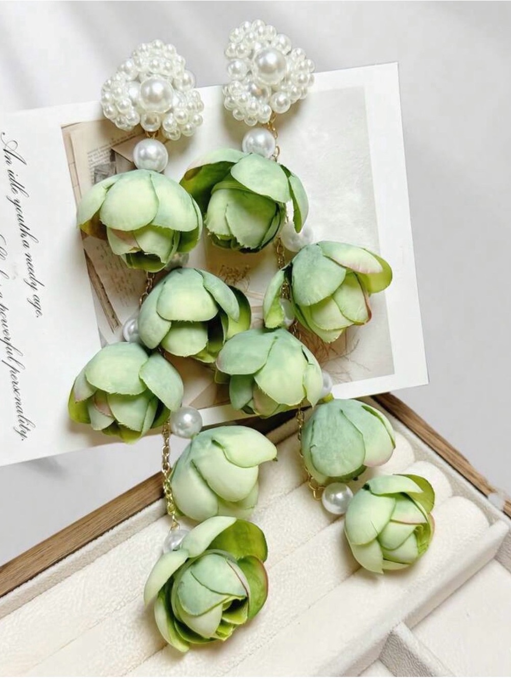 Pearl & Green Floral Drop Earrings - Elegant Statement Jewelry
